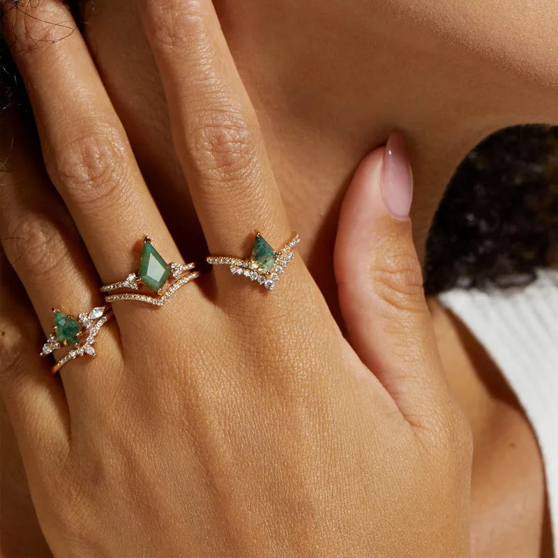 2 Pieces Set 925 Sterling Silver Lab-grown Gemstone K Gold Plated White Gold Plated Lab Created Gemstones Rings
