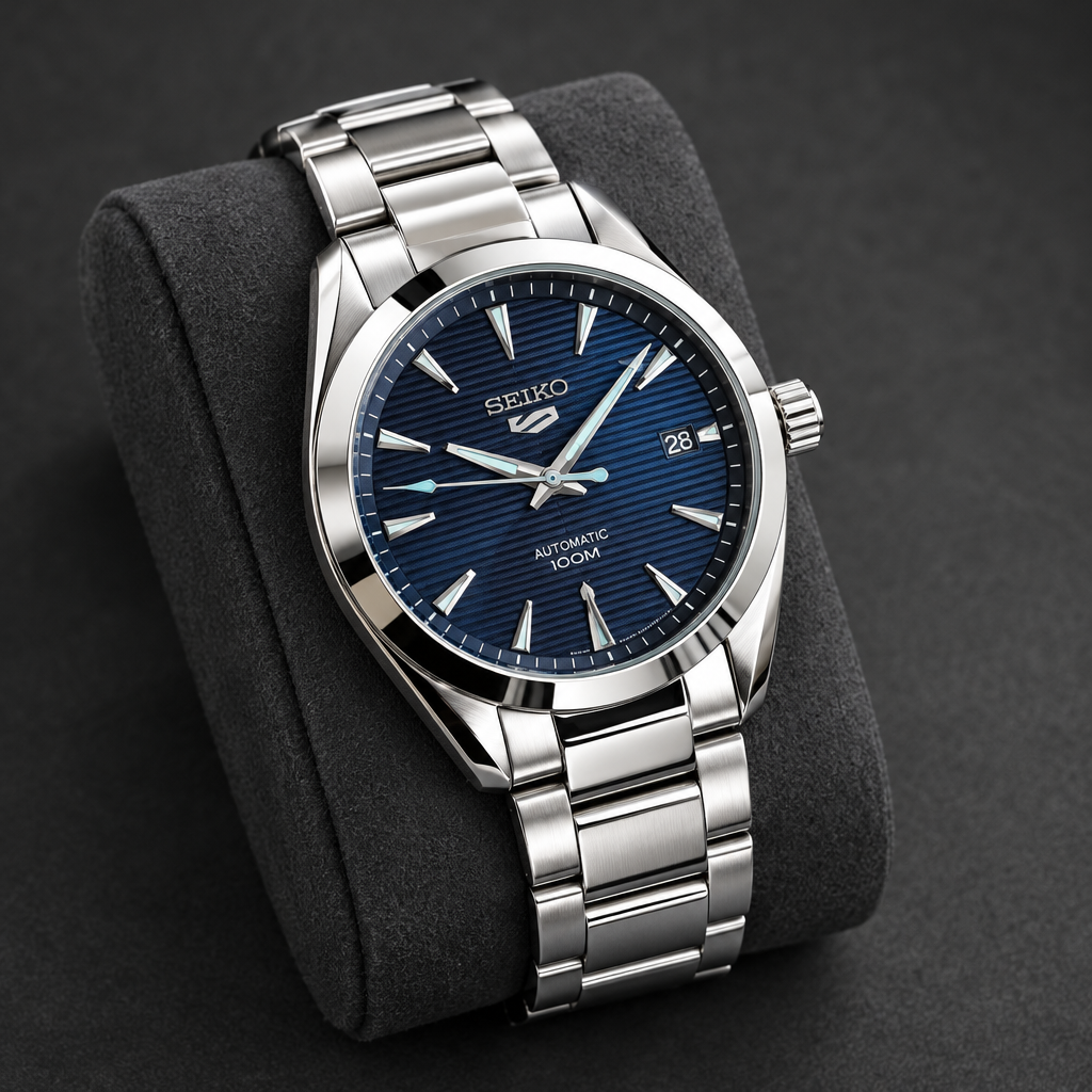 Navy-dial watch on charcoal