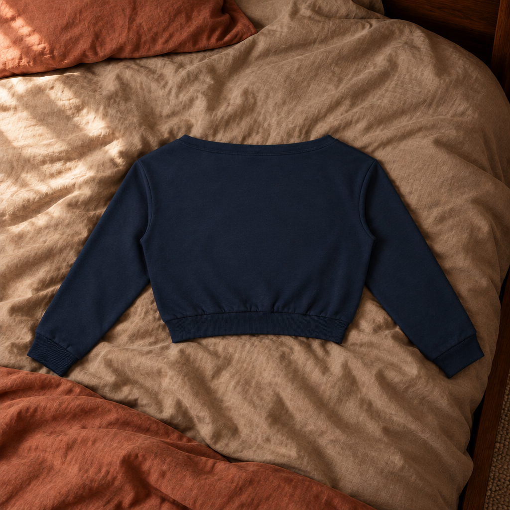 Navy sweatshirt back on bedding