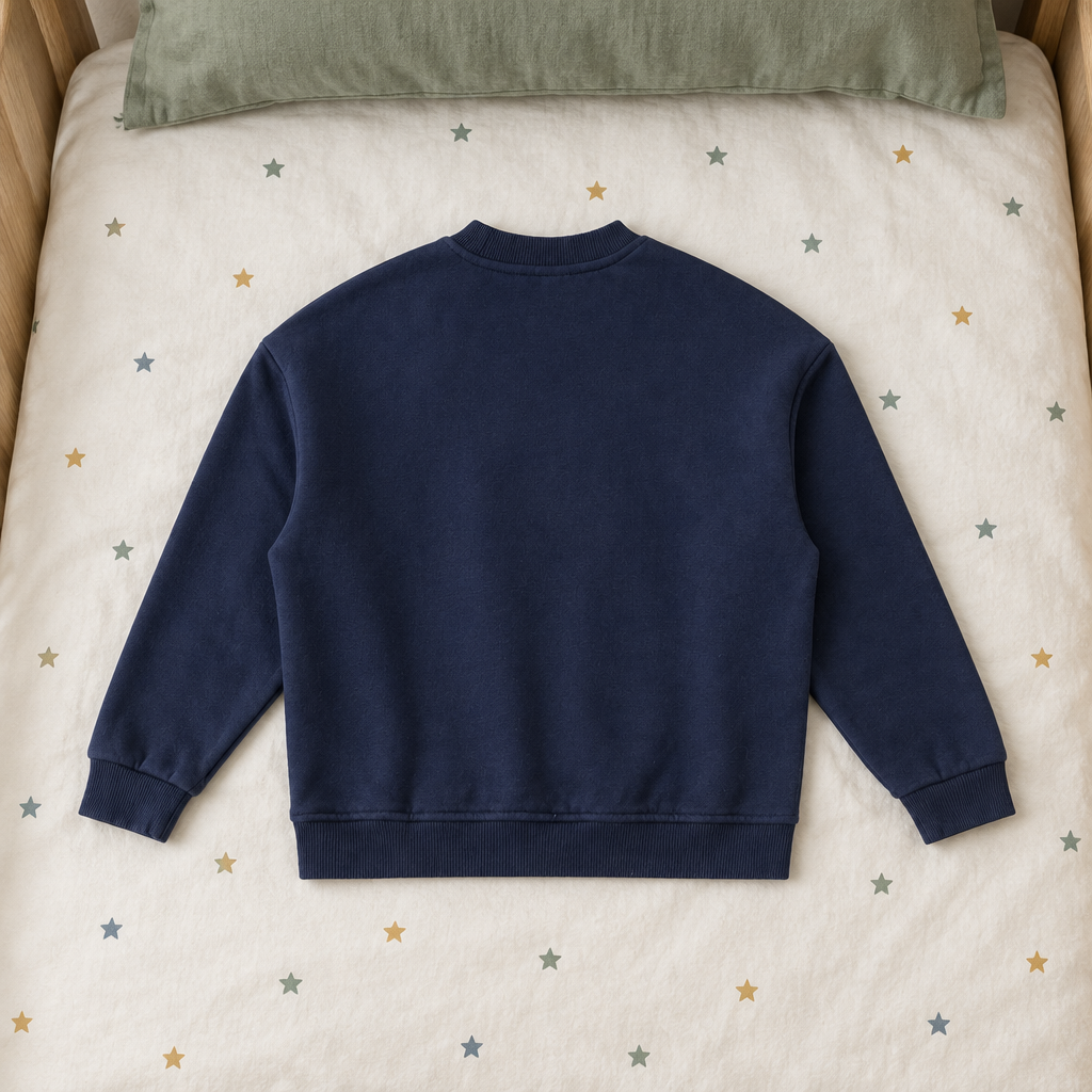 Navy sweatshirt back on children’s star bedding
