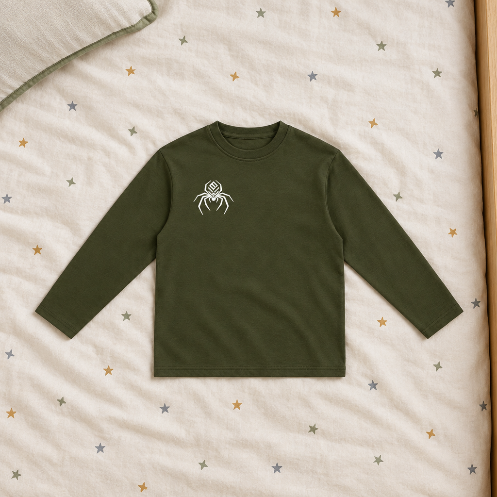 Olive green long-sleeve T-shirt front on star bedding