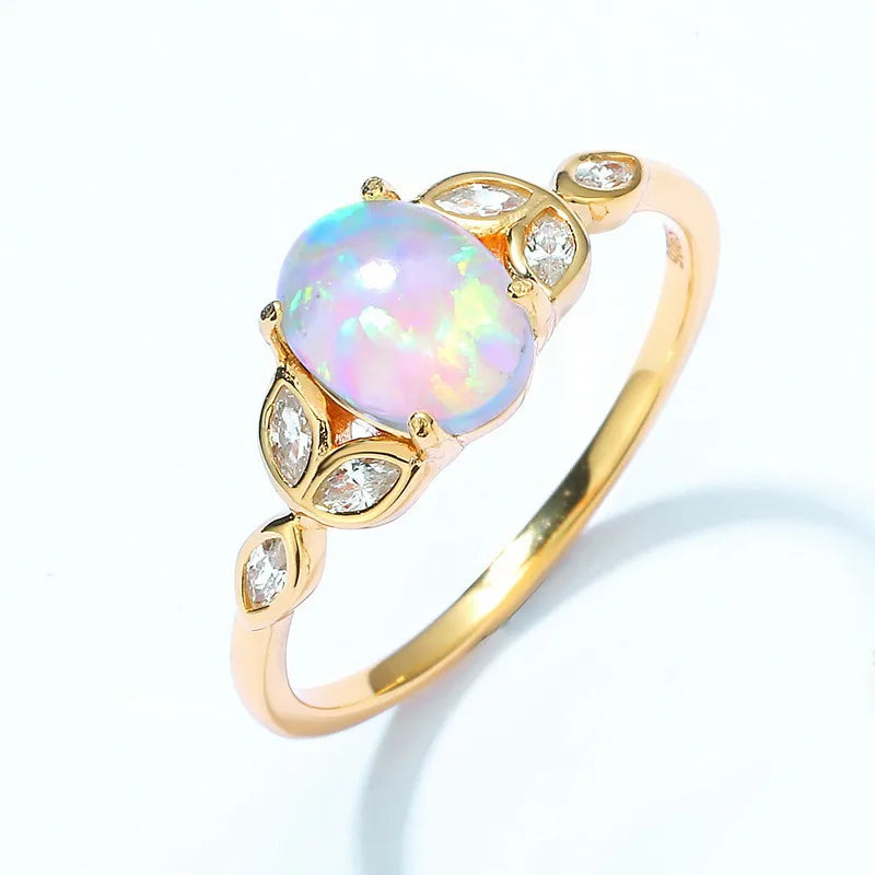 Korea Japan Luxury Geometric Oval Opal Ring S925 Sterling Silver Gold Plated Vintage Ring Women's Jewelry Accessories