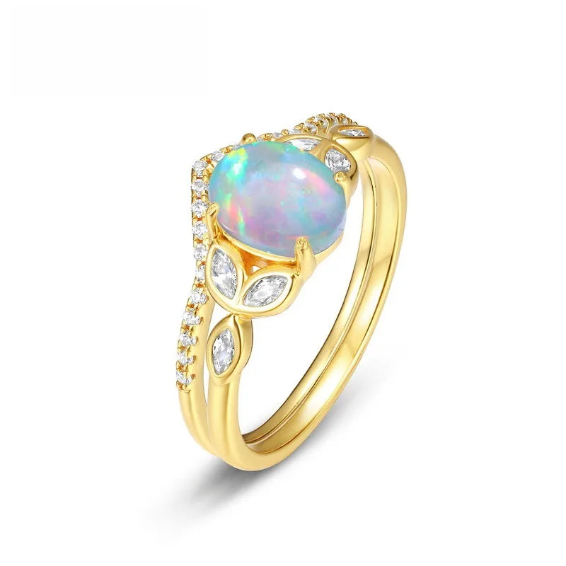 Korea Japan Luxury Geometric Oval Opal Ring S925 Sterling Silver Gold Plated Vintage Ring Women's Jewelry Accessories