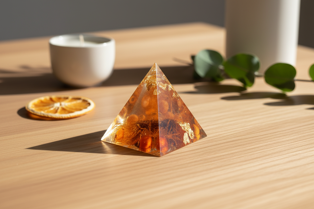Orange Resin Pyramid - Desk Lifestyle