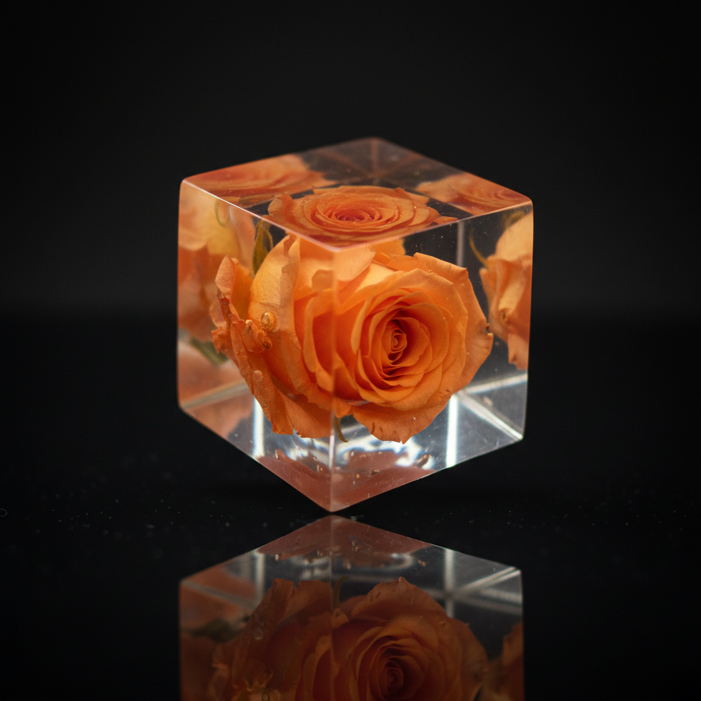 Orange Rose Epoxy Cube - Realistic