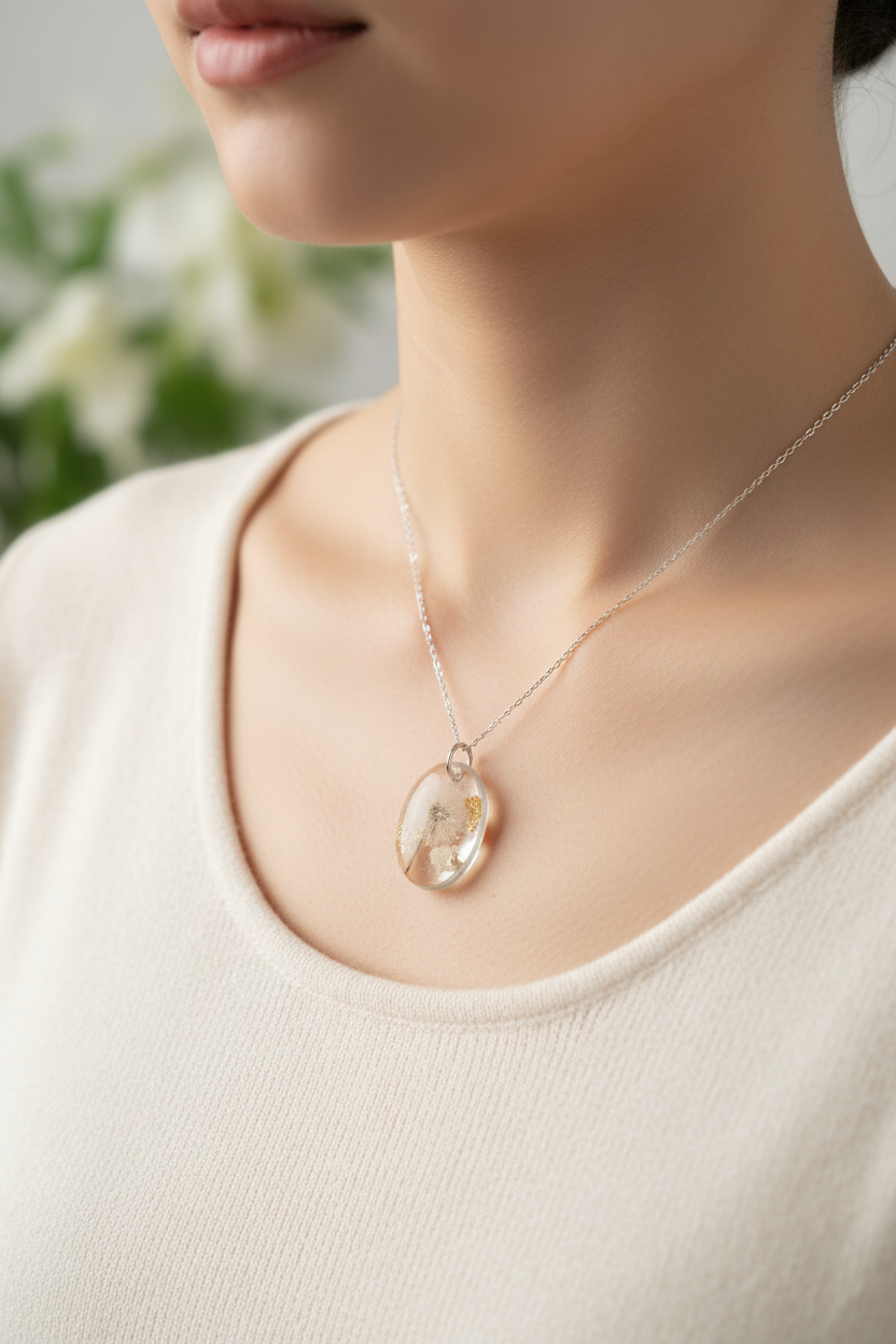 Oval Dried Flower Resin Necklace - Lifestyle