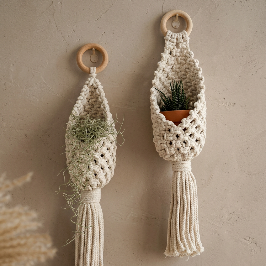 Paired hanging pockets with plants