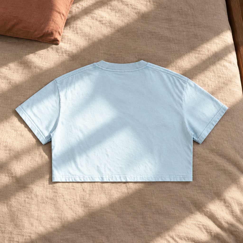 Pale blue Crop Tee back in sunlight