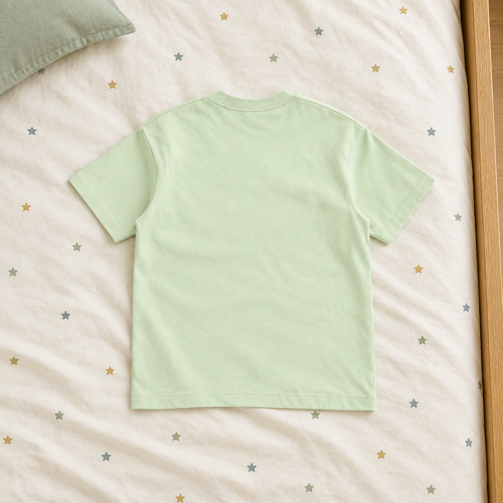 Pale green crewneck back on star bedding