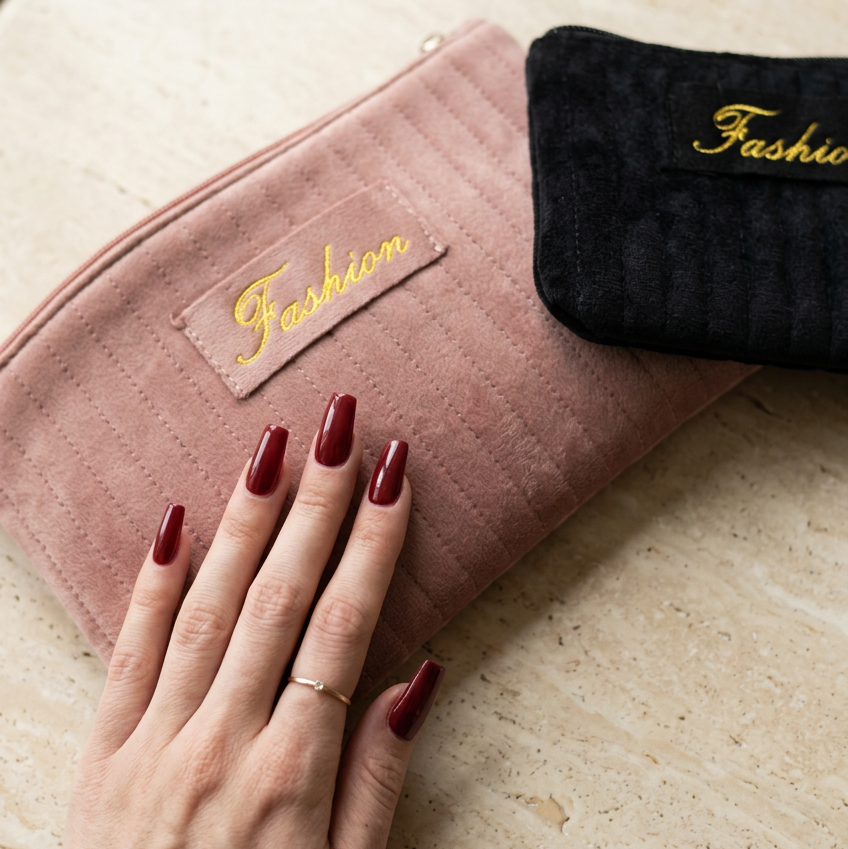 Pink and black makeup bags with burgundy nails