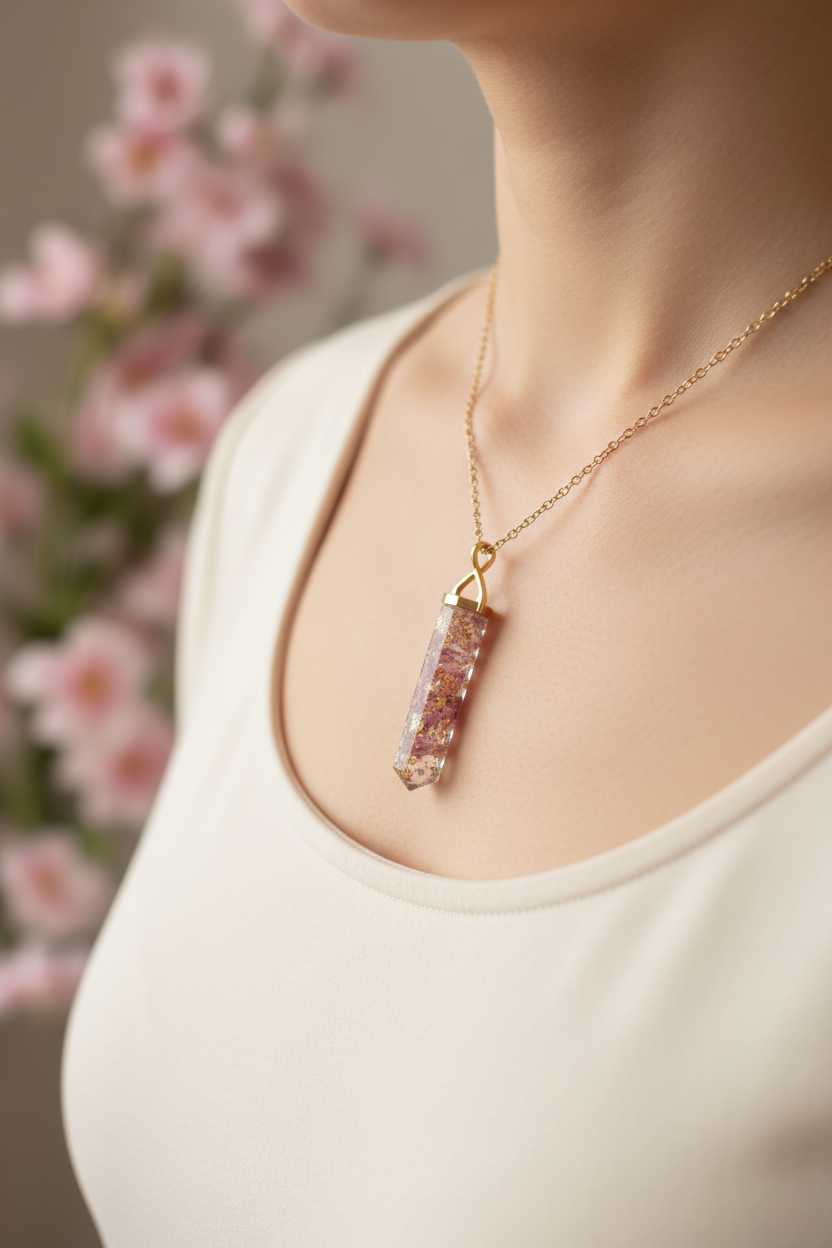 Pink Flower Pendant with Gold Leaf - Lifestyle