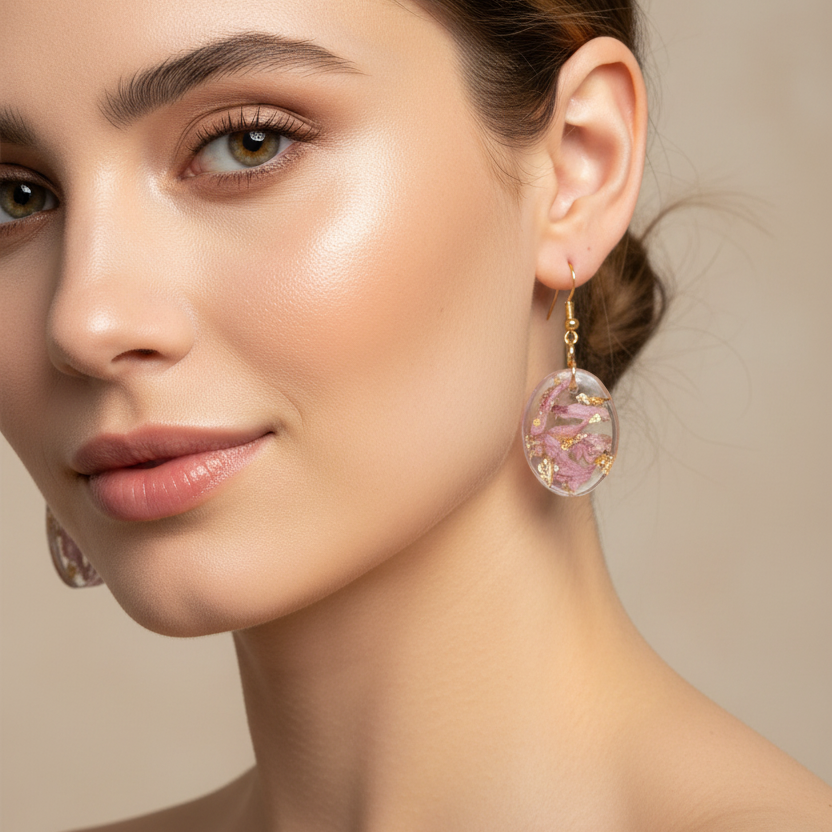 Pink Gold Oval Earrings Model Shot
