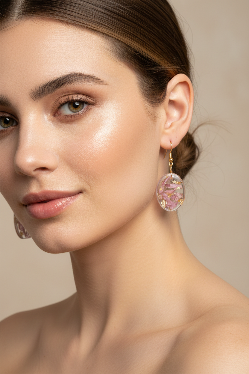 Pink Gold Oval Earrings Model Shot