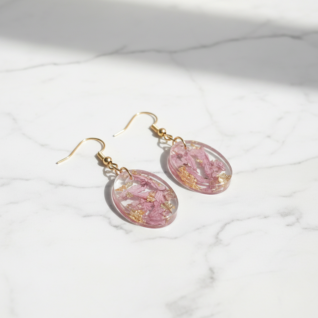 Pink Gold Oval Resin Earrings