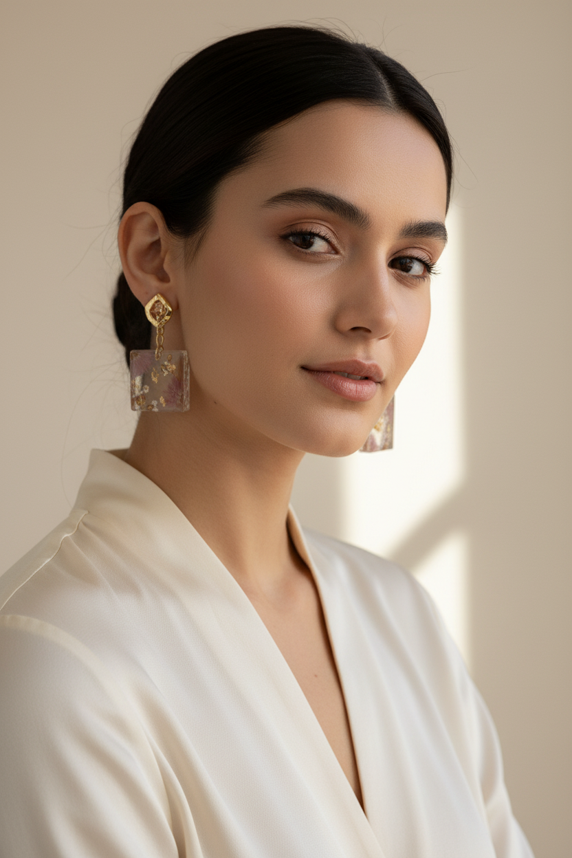 Pink Gold Square Earrings Model Shot