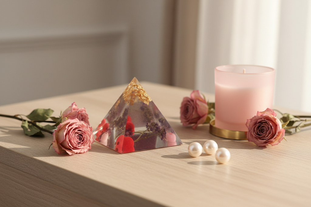 Pink Resin Pyramid - Desk Lifestyle