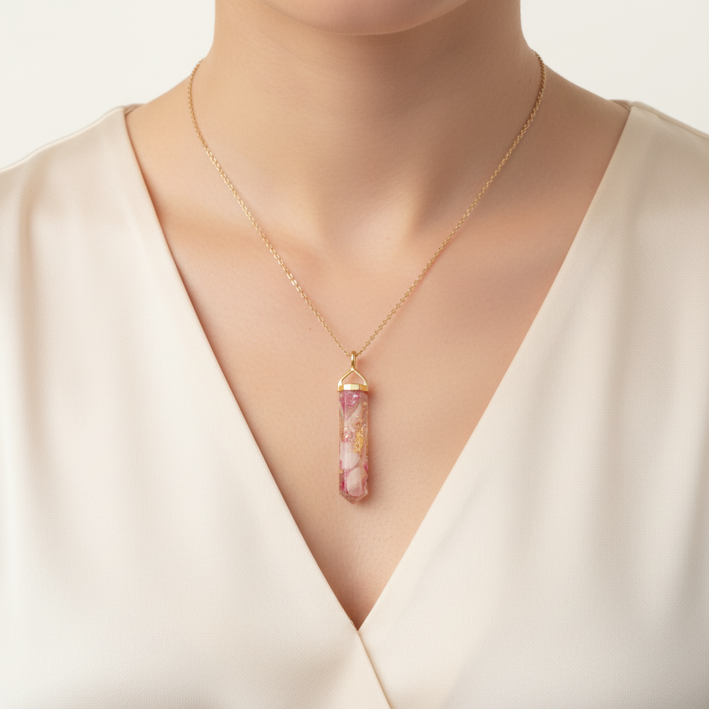 Pink white swirl pendant female model