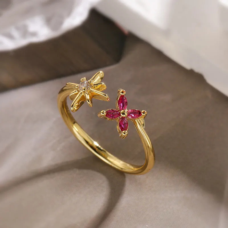 18K Gold Plated Zircon Flower Open Ring