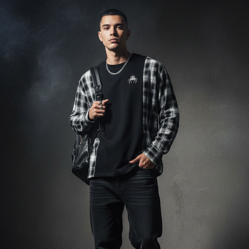 Plaid Panel Long Sleeve Model