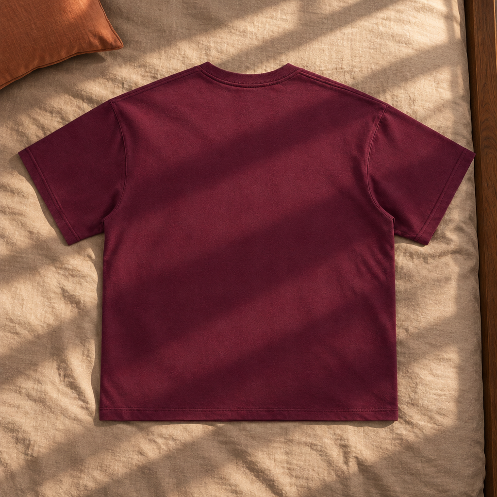 Plain burgundy T-shirt back in sunlight