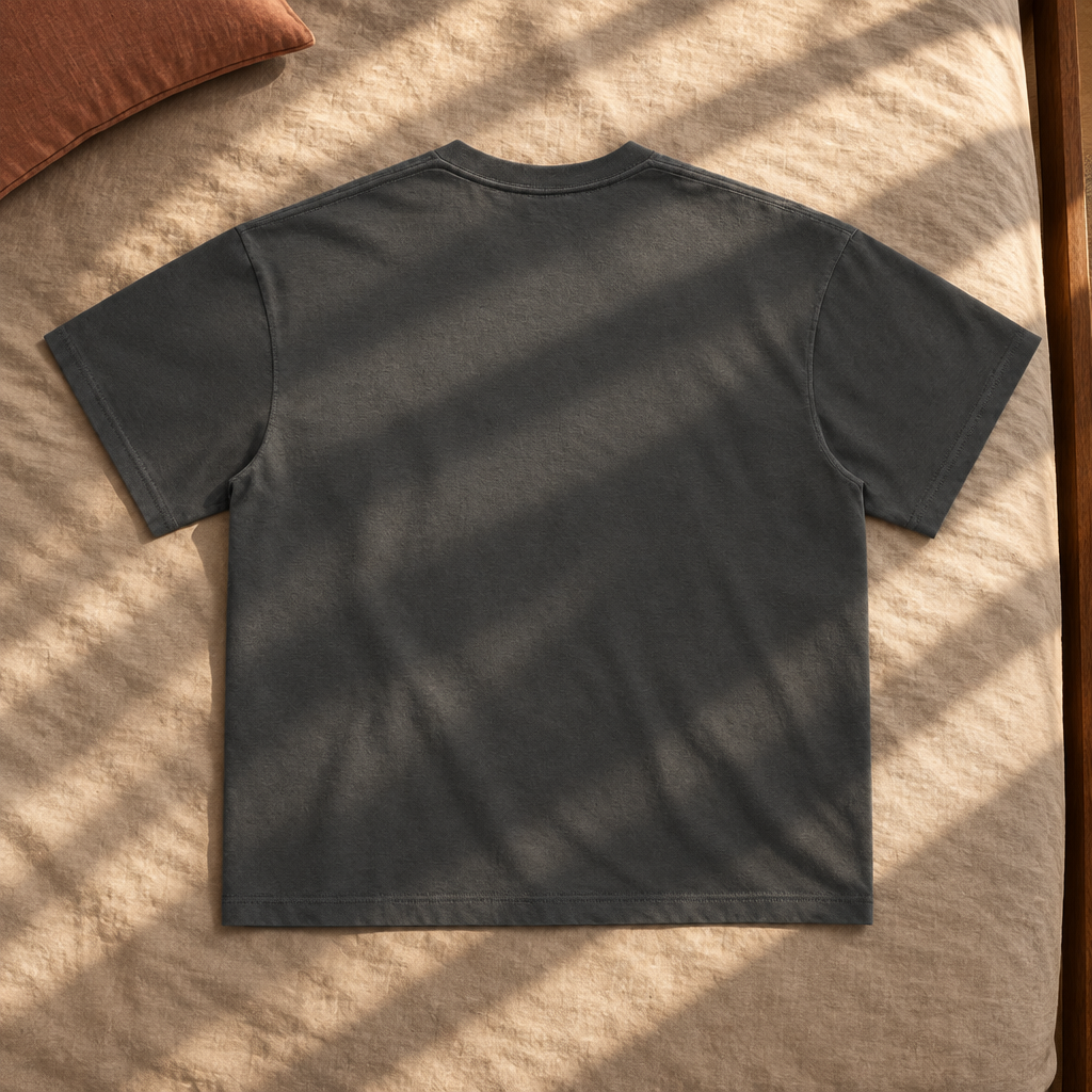Plain charcoal grey T-shirt back in sunlight