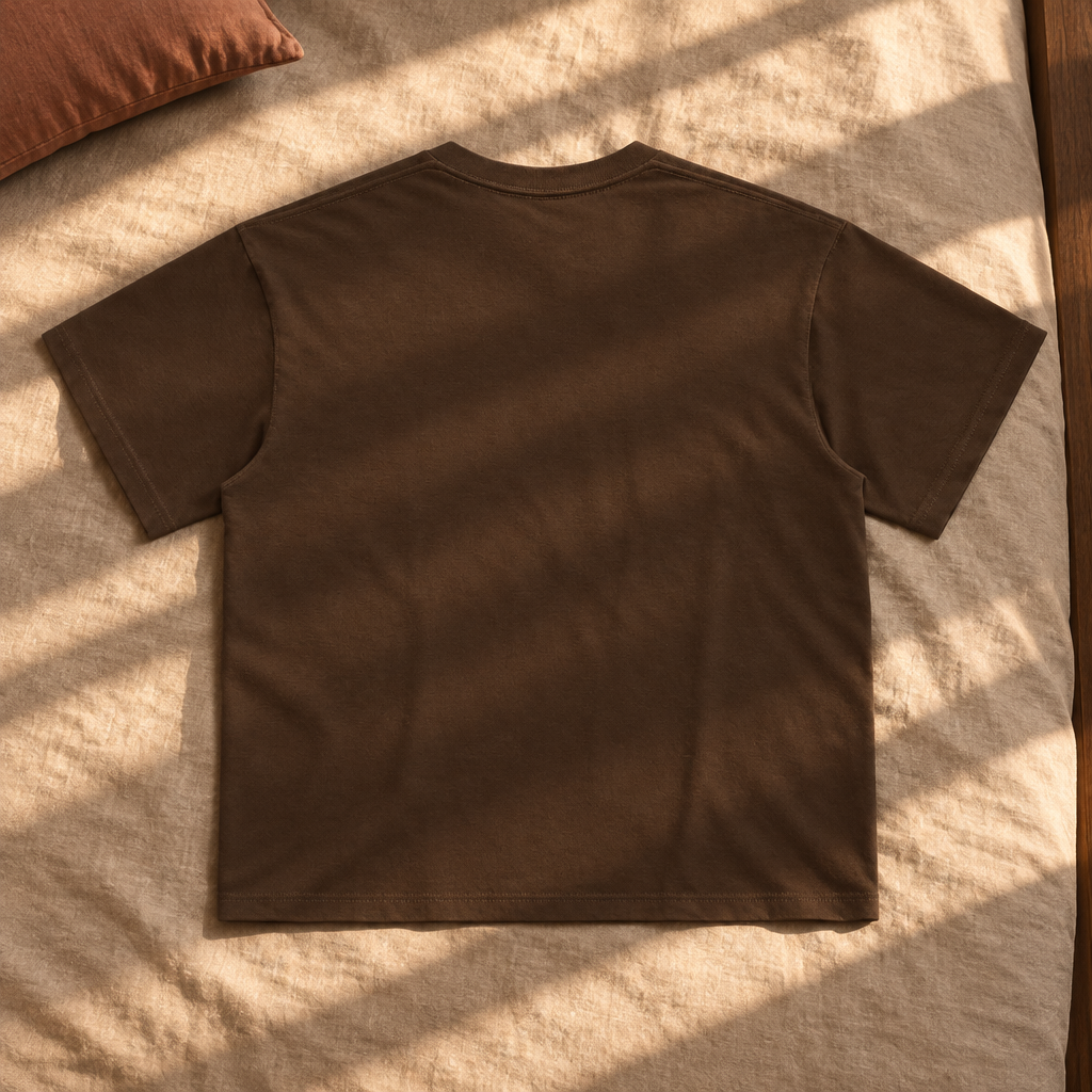 Plain chocolate brown T-shirt back in sunlight