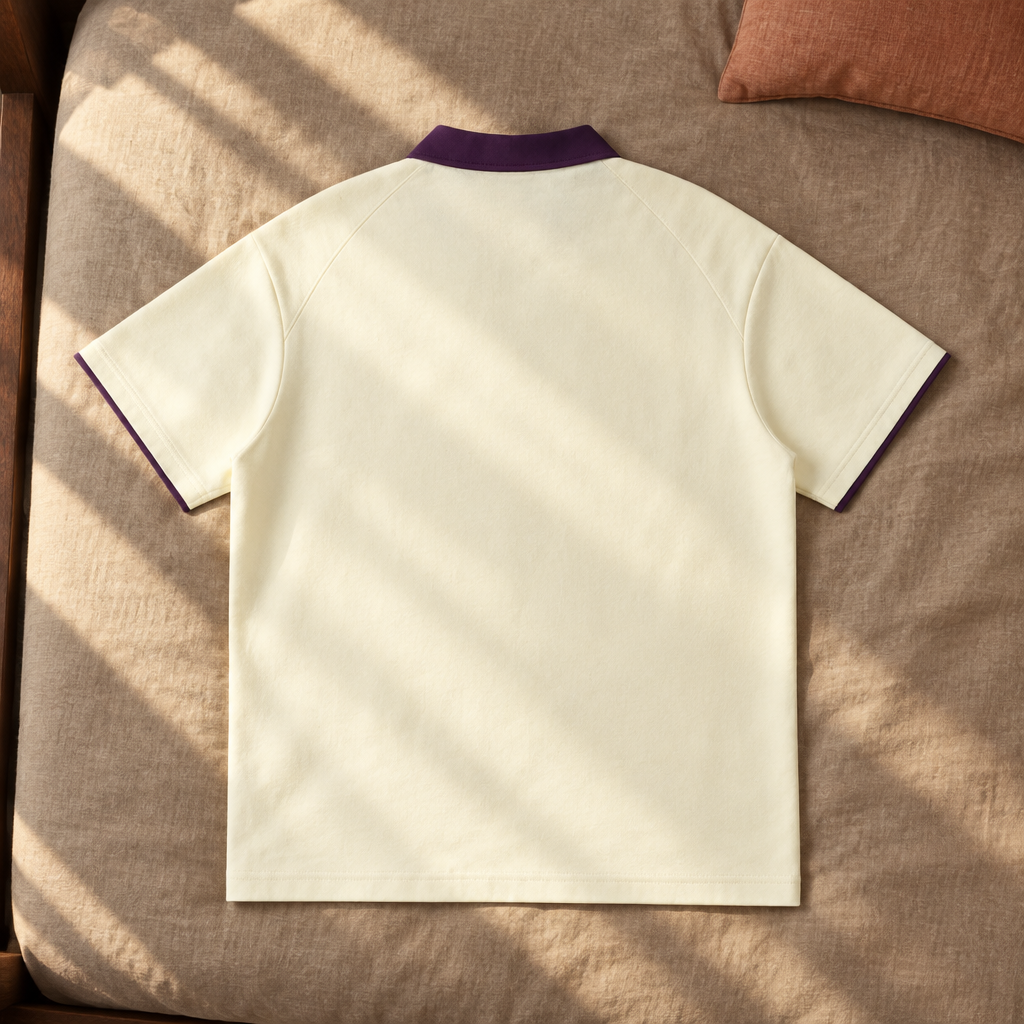 Plain cream and purple polo back on sunlit bedding