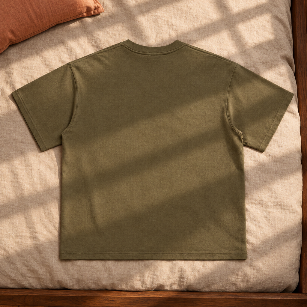 Plain dark olive-brown T-shirt back in sunlight