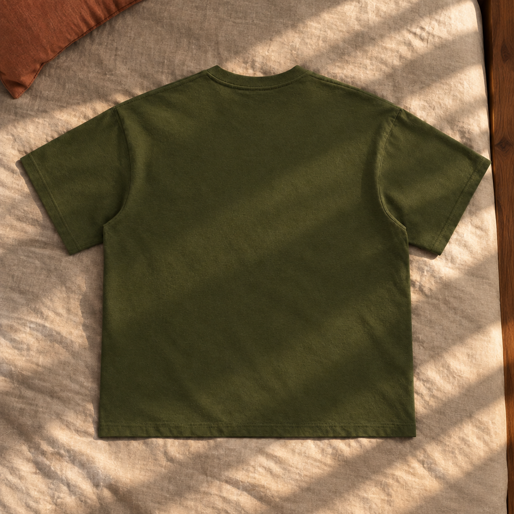 Plain dark olive green T-shirt back in sunlight