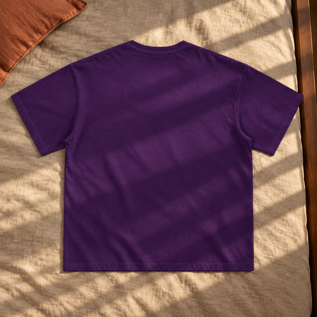 Plain deep purple T-shirt back in sunlight