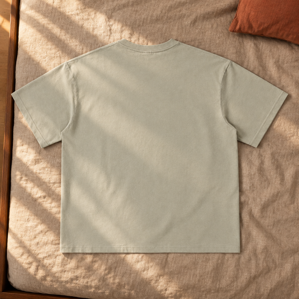 Plain grey-khaki T-shirt back in sunlight