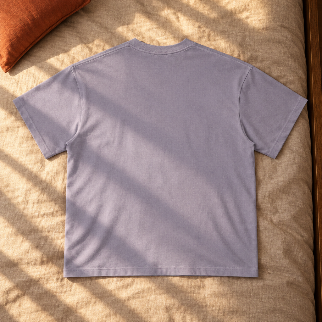 Plain lavender-grey T-shirt back in sunlight
