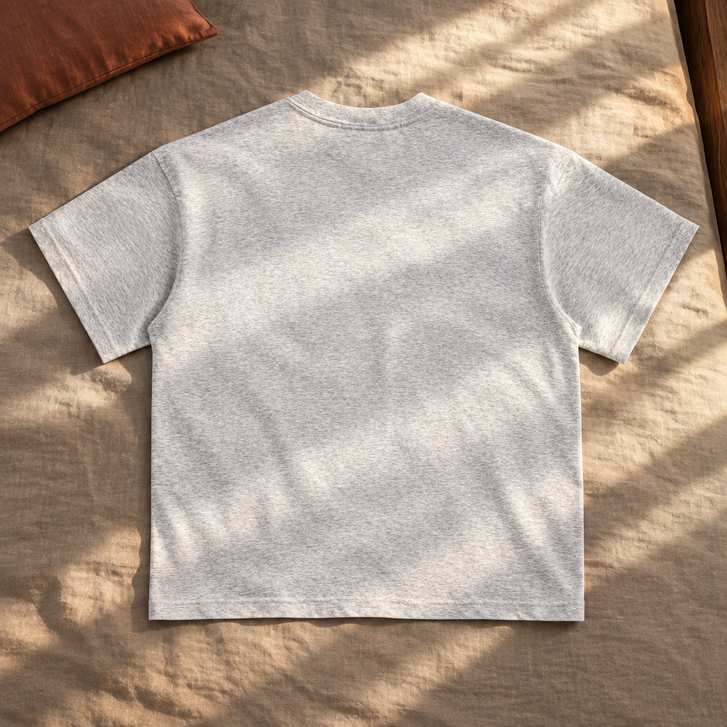 Plain light heather grey T-shirt back in sunlight