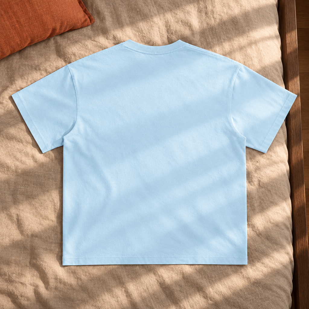Plain pale blue T-shirt back in sunlight