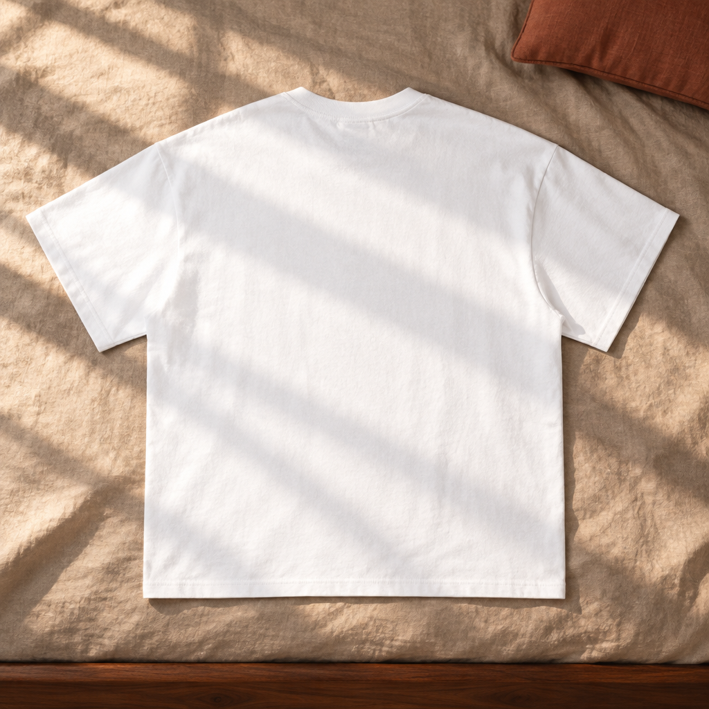 Plain white heavyweight T-shirt back in sunlight