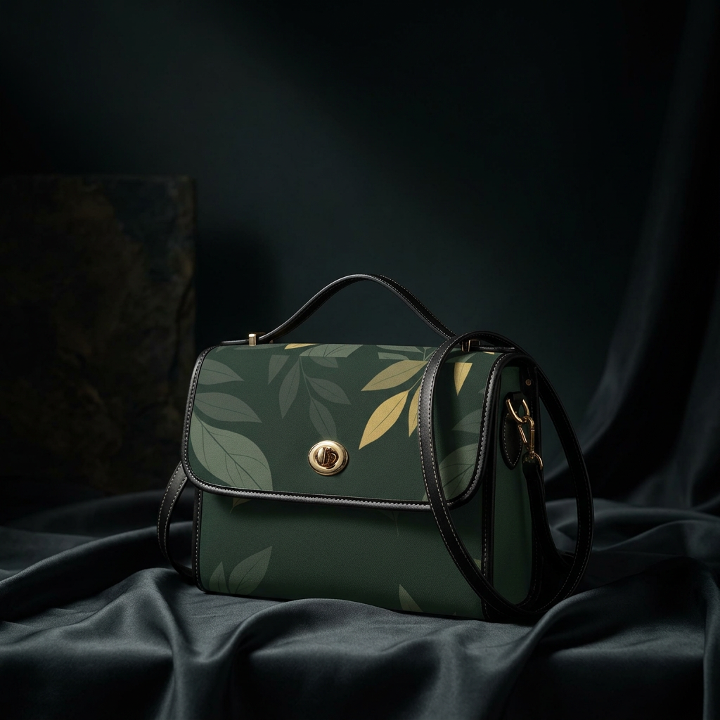 Promotional hero shot of the dark green leaf bag on dark silk
