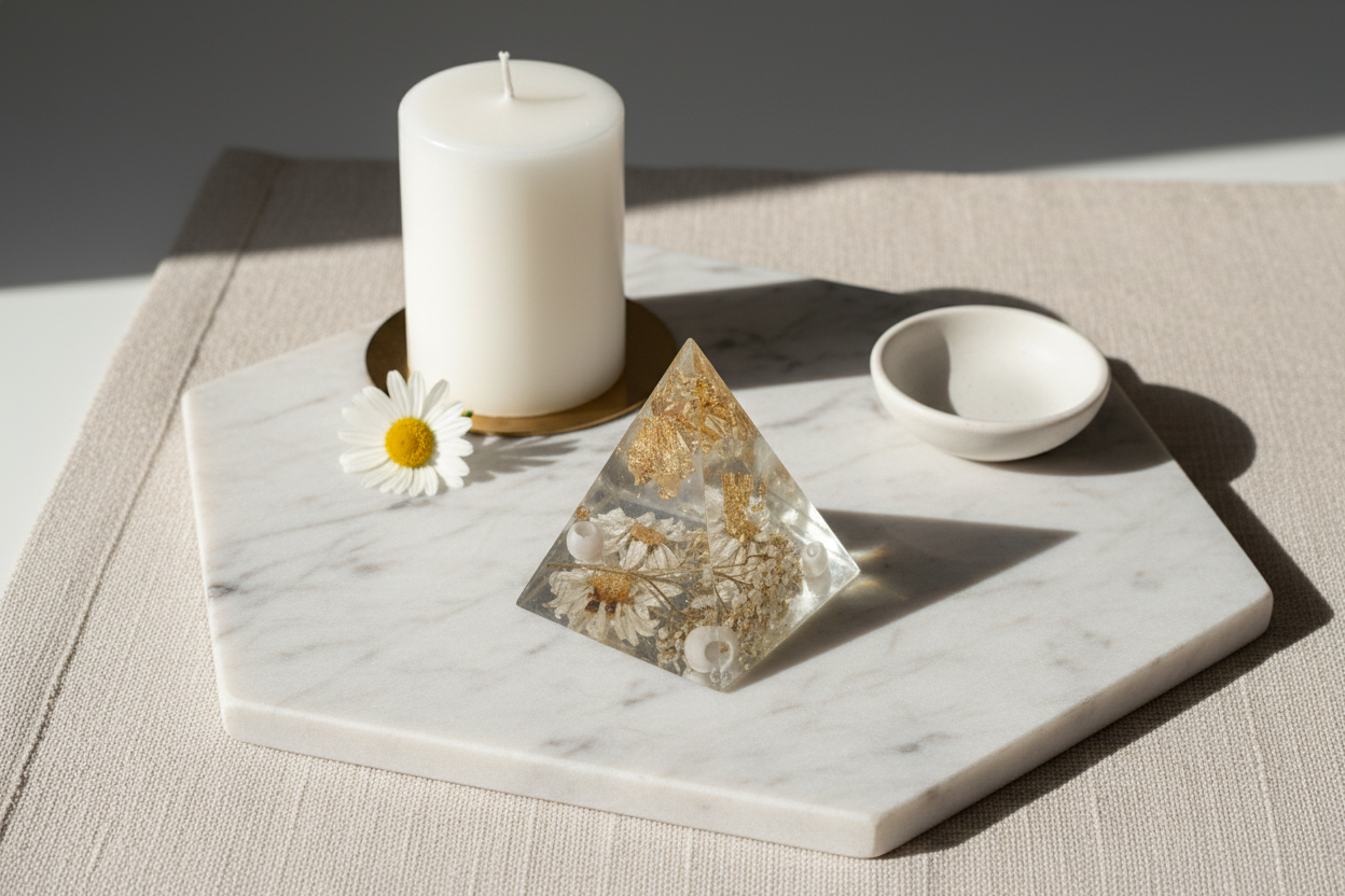 Pure White Resin Pyramid - Desk Lifestyle