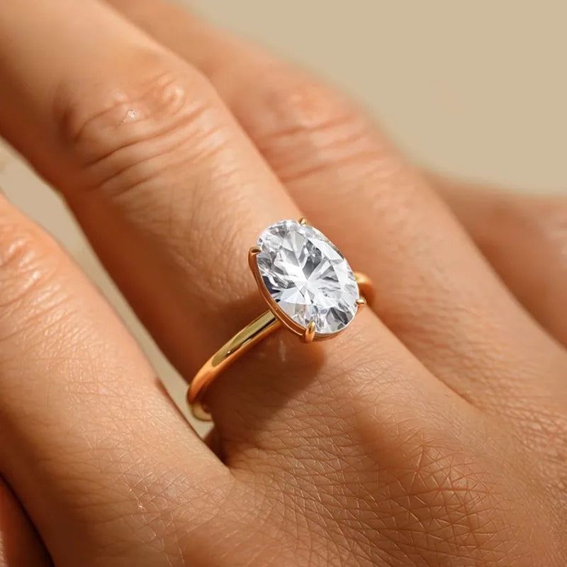 Pure Silver 5 Carat Pigeon Egg Ring | 18K Gold Plated Oval Diamond Ring