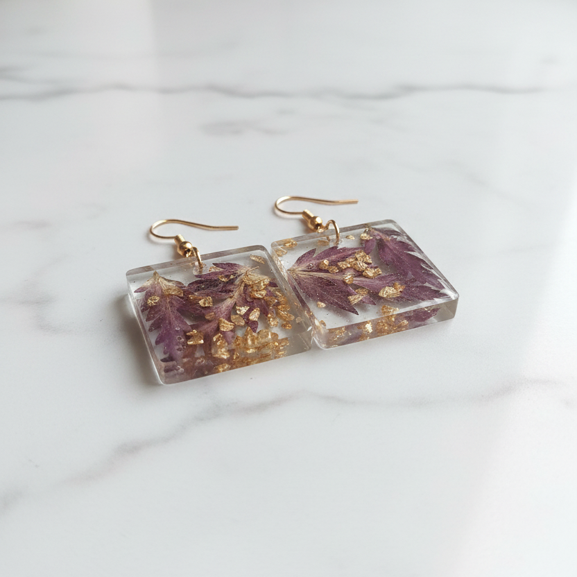 Purple Botanical Square Earrings on White Marble