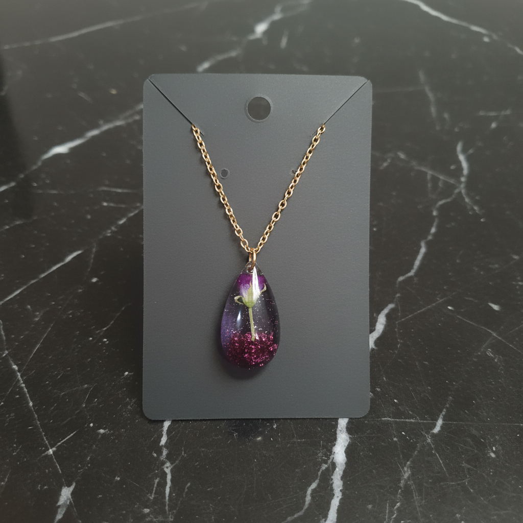 Purple Rose Teardrop Necklace – Black Marble