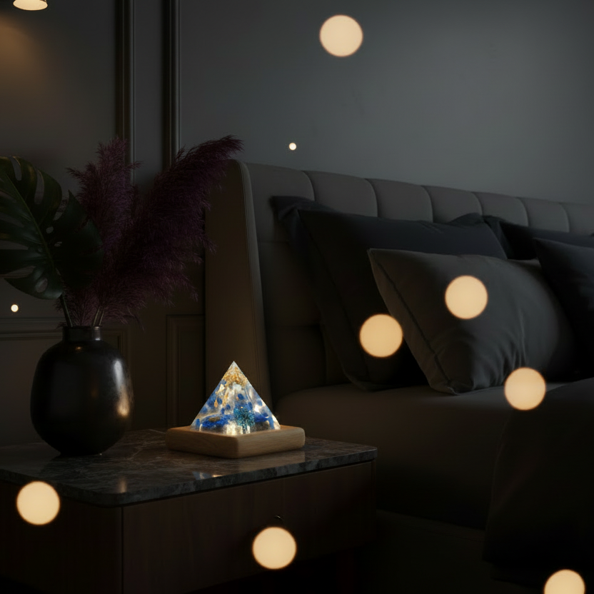 Pyramid lamp in a luxury bedroom with wooden base