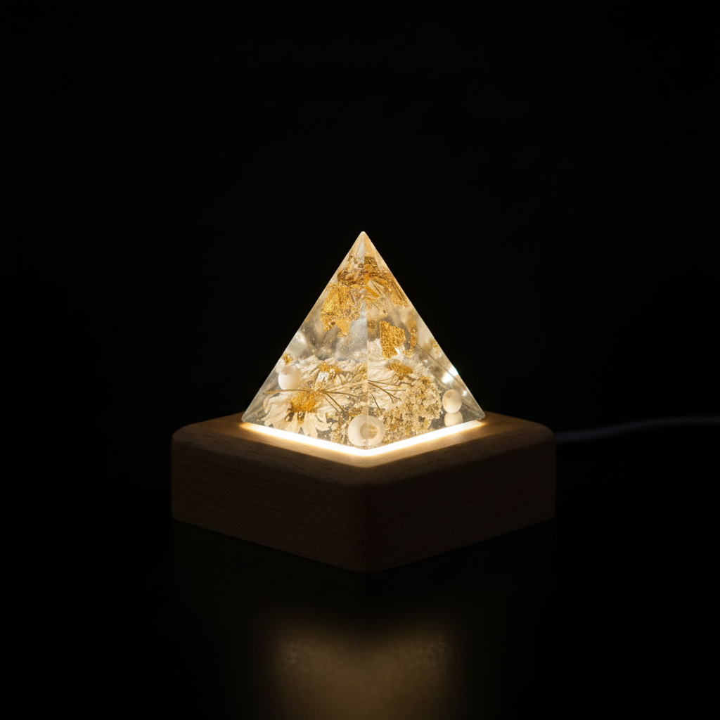 Pyramid lamp with rounded wooden base