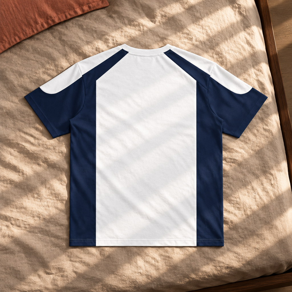 Raglan colour-block T-shirt back on sunlit bedding