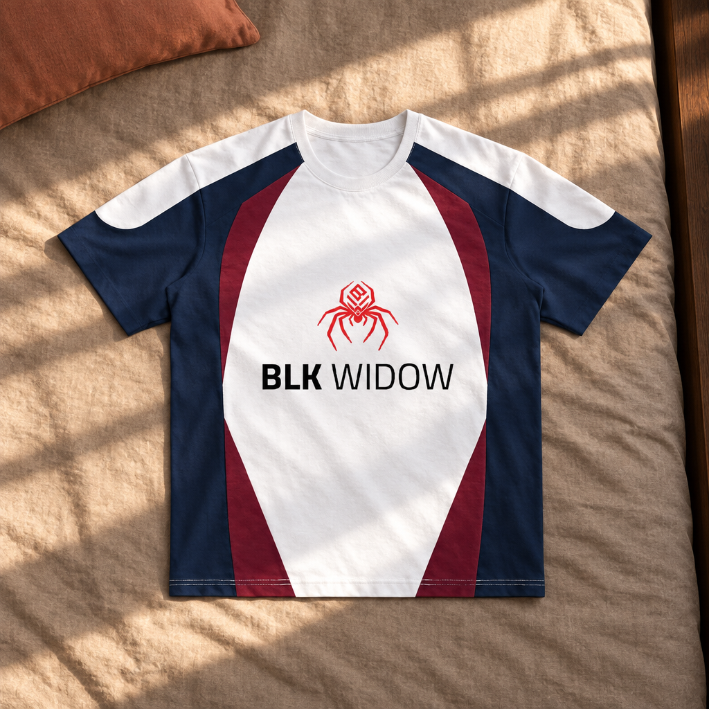 Raglan colour-block T-shirt front on sunlit bedding