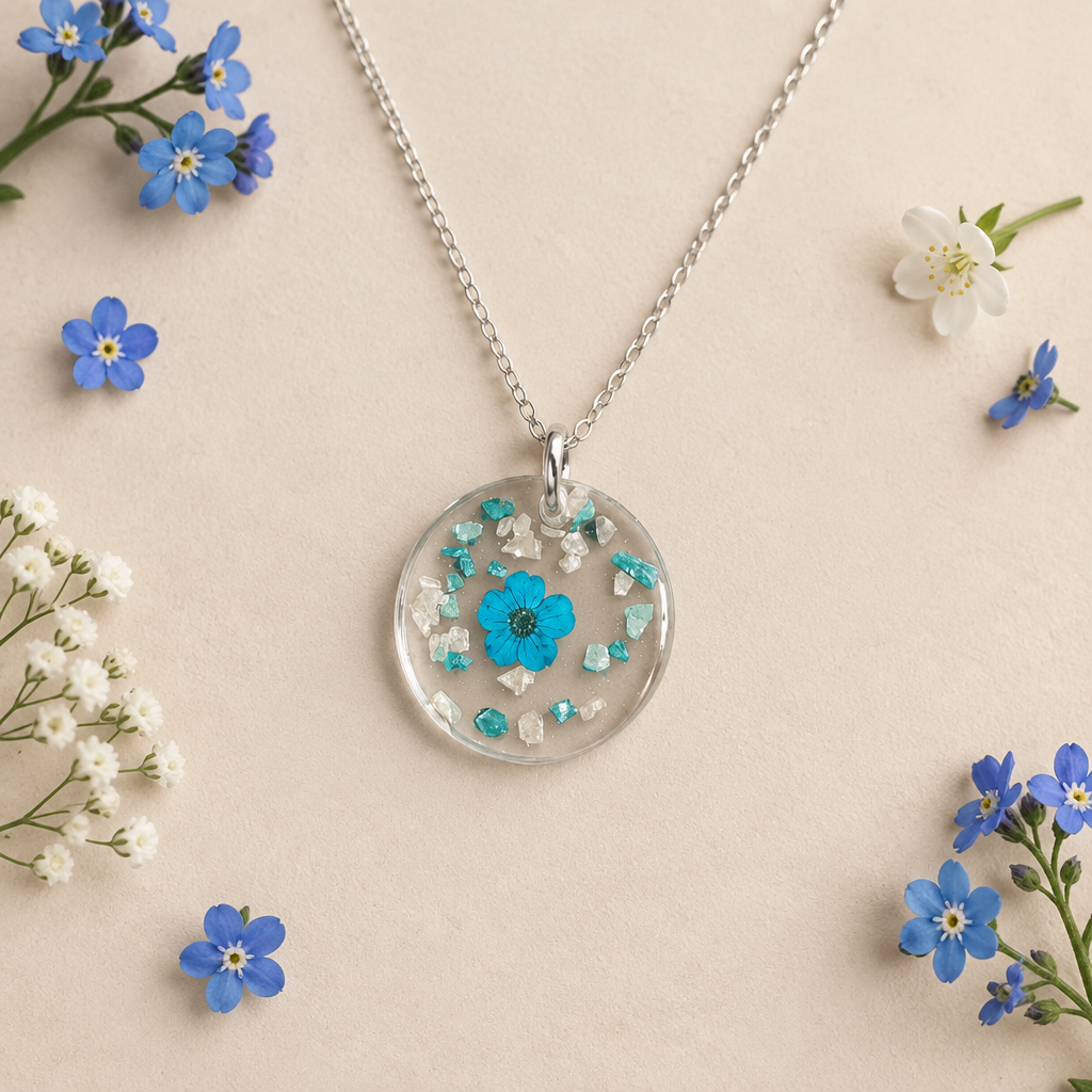 Rare Blue Flower necklace with scattered blue and white flowers
