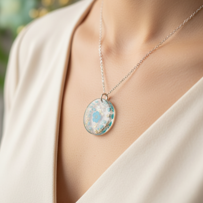Rare Blue Flower Resin Necklace with Crystals - Lifestyle