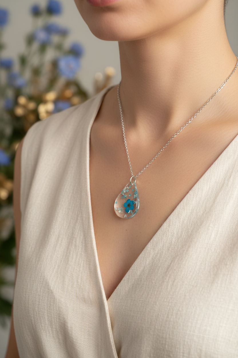 Rare Blue Flower Resin Pendant Necklace - Lifestyle