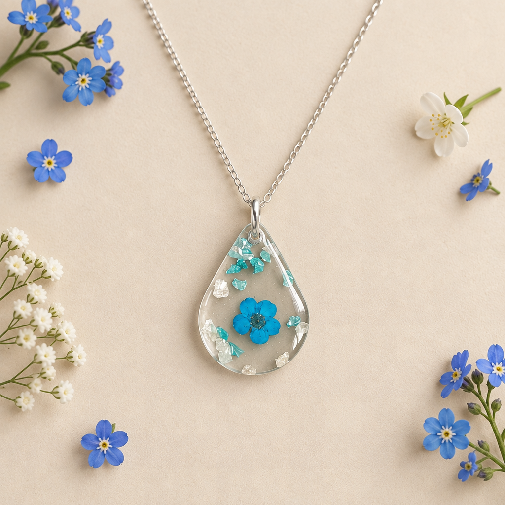 Rare Blue Flower Teardrop necklace with blue and white flowers