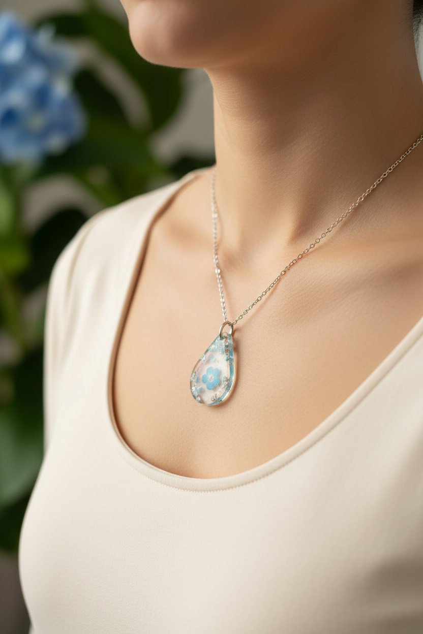 Rare Blue Flower Teardrop Resin Necklace - Lifestyle