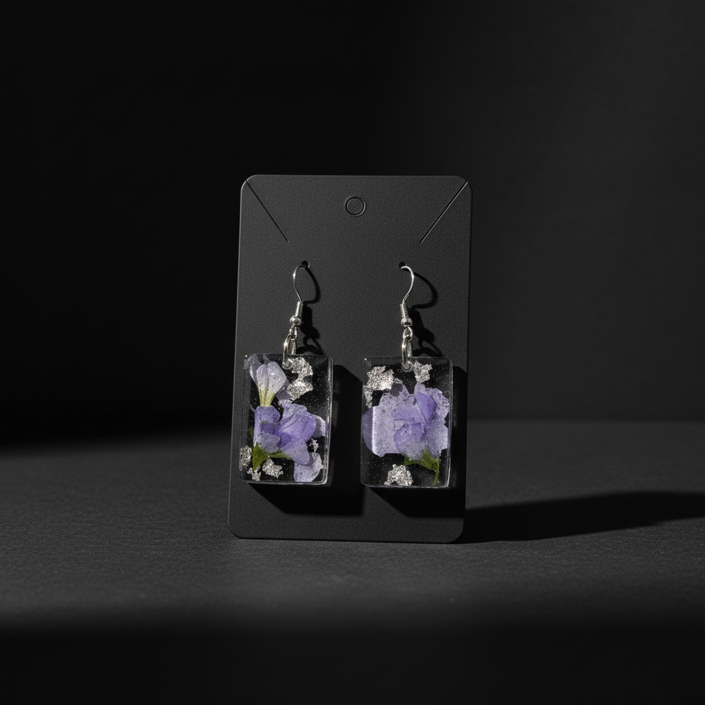 Rectangular resin earrings dark background